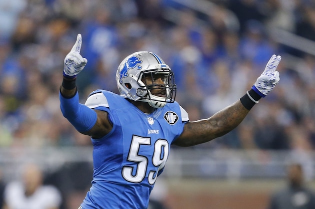 Detroit Lions middle linebacker Tahir Whitehead reacts after the Philadelphia Eagles miss a field goal during the first half of an NFL football game, Thursday, Nov. 26, 2015, in Detroit. (AP Photo/Rick Osentoski)