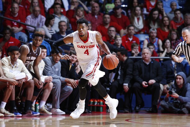 DAYTON, OH - FEBRUARY 20: Charles Cooke #4 of the Dayton Flyers brings the ball up court against the St. Bonaventure Bonnies during the game at University of Dayton Arena on February 20, 2016 in Dayton, Ohio. St. Bonaventure defeated Dayton 79-72. (Photo by Joe Robbins/Getty Images)