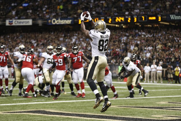New Orleans Saints tight end Benjamin Watson (82) makes a touchdown catch against the Atlanta Falcons during the second half of an NFL football game, Thursday, Oct. 15, 2015, in New Orleans. (AP Photo/Gerald Herbert) New Orleans Saints tight end Benjamin Watson (82) makes a touchdown catch against the Atlanta Falcons during the second half of an NFL football game, Thursday, Oct. 15, 2015, in New Orleans. (AP Photo/Gerald Herbert)