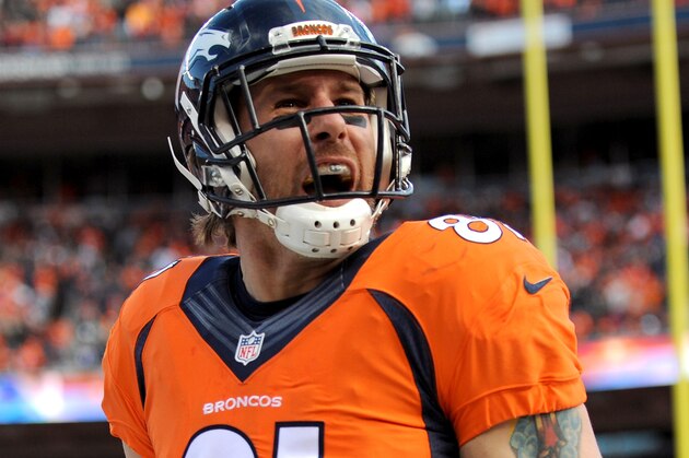 DENVER, CO - JANUARY 24:  Owen Daniels #81 of the Denver Broncos celebrates after scoring a 12-yard touchdown in the second quarter against the New England Patriots in the AFC Championship game at Sports Authority Field at Mile High on January 24, 2016 in Denver, Colorado.  (Photo by Dustin Bradford/Getty Images)
