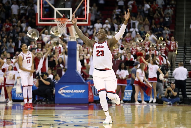 Feb 10, 2016; Fresno, CA, USA; Fresno State Bulldogs guard Marvelle Harris (23) reacts as the Bulldogs defeat the San Diego State Aztecs 58-57 at the Save Mart Center. Mandatory Credit: Cary Edmondson-USA TODAY Sports