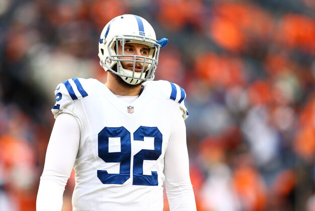 Jan 11, 2015; Denver, CO, USA; Indianapolis Colts linebacker Bjoern Werner (92) against the Denver Broncos in the 2014 AFC Divisional playoff football game at Sports Authority Field at Mile High. The Colts defeated the Broncos 24-13. Mandatory Credit: Mark J. Rebilas-USA TODAY Sports