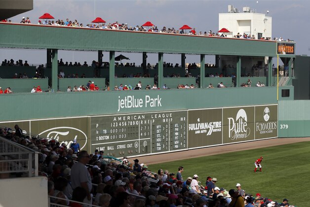 Fans watch a spring training baseball game between the Tampa Bay Rays and the Boston Red Sox in Fort Myers, Fla., Friday, March 4, 2016. (AP Photo/Patrick Semansky)
