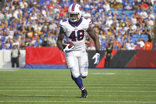 Buffalo Bills tight end MarQueis Gray (48) runs against the Pittsburgh Steelers during the first half of a preseason NFL football game on Saturday, Aug. 29, 2015, in Orchard Park, N.Y. (AP Photo/Bill Wippert)