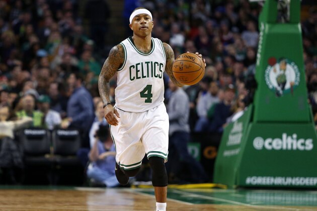 Boston Celtics' Isaiah Thomas against the Miami Heat during the half half of an NBA basketball game in Boston Saturday, Feb. 27, 2016. (AP Photo/Winslow Townson)
