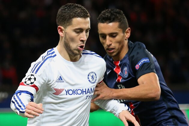 PARIS - FEBRUARY 16: Eden Hazard of Chelsea and Marquinhos of PSG in action during the UEFA Champions League round of 16 first leg match between Paris Saint-Germain (PSG) and Chelsea FC at Parc des Princes stadium on February 16, 2016 in Paris, France. (Photo by Jean Catuffe/Getty Images)