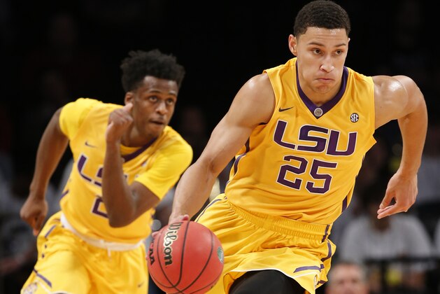 FILE - In this Nov. 24, 2015, file photo, LSU forward Ben Simmons (25) drives downcourt as teammate Antonio Blakeney (2) follows in the first half of an NCAA college basketball game against North Carolina State in New York. For all of his gaudy numbers, Simmons is still trying to figure out the best way to put the Tigers in position to win. And now the schedule gets harder, starting with Tuesday night's, Dec. 29, 2015, tilt against Wake Forest, followed by the opening of Southeastern Conference play against Vanderbilt and No. 10 Kentucky. (AP Photo/Kathy Willens, File)