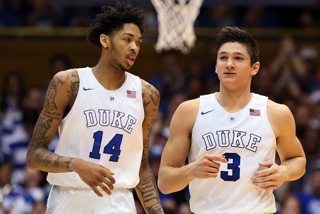 Mar 1, 2016; Durham, NC, USA; Duke Blue Devils guard Brandon Ingram (14) and guard Grayson Allen (3) head down the court after Allen scored against the Wake Forest Demon Deacons in the first half of their game at Cameron Indoor Stadium. Mandatory Credit: Mark Dolejs-USA TODAY Sports