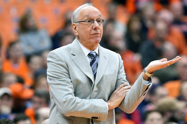 SYRACUSE, NY - FEBRUARY 11:  Head coach Jim Boeheim of the Syracuse Orange reacts to a play against the Florida State Seminoles during the first half at the Carrier Dome on February 11, 2016 in Syracuse, New York.  Syracuse won 85-72.  (Photo by Rich Barnes/Getty Images)
