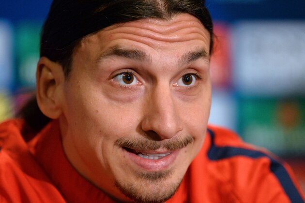 Paris Saint-Germain's Swedish striker Zlatan Ibrahimovic smiles during a press conference at Stamford Bridge in London on March 8, 2016 ahead of their UEFA Champions League, round of 16 second leg football match against Chelsea. 

 / AFP / GLYN KIRK        (Photo credit should read GLYN KIRK/AFP/Getty Images)
