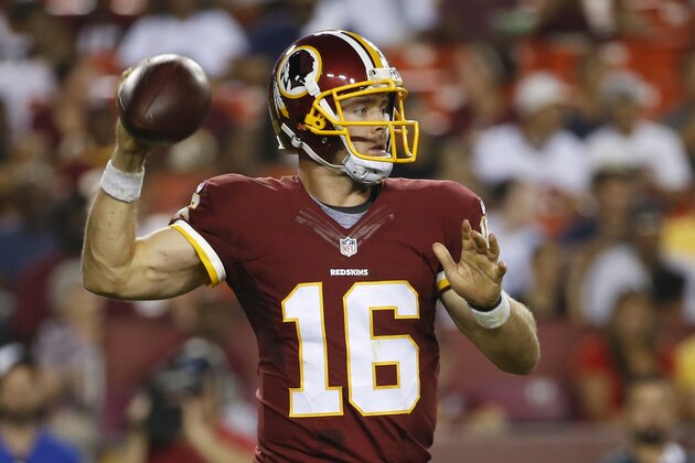 Washington Redskins quarterback Colt McCoy (16) passes the ball during the first half of an NFL preseason football game against the Jacksonville Jaguars in Landover, Md., Thursday, Sept. 3, 2015. (AP Photo/Alex Brandon)