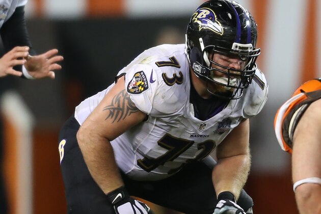 Baltimore Ravens guard Marshal Yanda (73) against the Cleveland Browns in the second half of an NFL football game, Monday, Nov. 30, 2015, in Cleveland. (AP Photo/Ron Schwane)