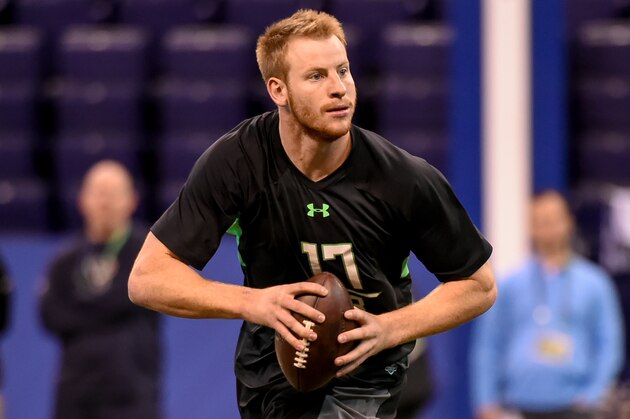 North Dakota State quarterback Carson Wentz runs a drill at the NFL football scouting combine, Saturday, Feb. 27, 2016, in Indianapolis. (AP Photo/L.G. Patterson)