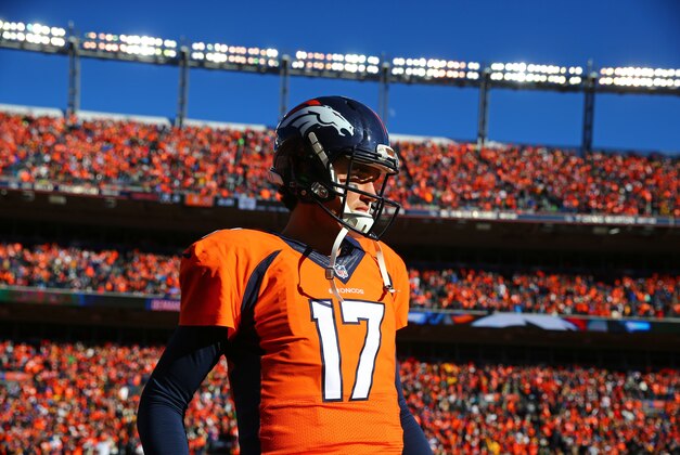 Jan 17, 2016; Denver, CO, USA; Denver Broncos quarterback Brock Osweiler (17) against the Pittsburgh Steelers during the AFC Divisional round playoff game at Sports Authority Field at Mile High. Mandatory Credit: Mark J. Rebilas-USA TODAY Sports