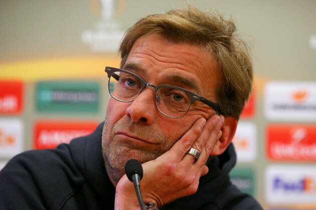 LIVERPOOL, ENGLAND - MARCH 09:  Jurgen Klopp, Manager of Liverpool looks on during a press conference ahead of the UEFA Europa League round of 16 first leg match between Liverpool and Manchester United at Melwood Training Ground on March 9, 2016 in Liverpool, United Kingdom.  (Photo by Dave Thompson/Getty Images)