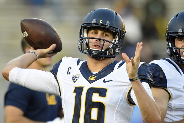 California quarterback Jared Goff warms up prior to an NCAA college football game against UCLA, Thursday, Oct. 22, 2015, in Pasadena, Calif. (AP Photo/Mark J. Terrill)