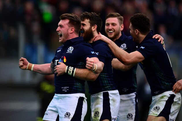 ROME, ITALY - FEBRUARY 27:  Stuart Hogg of Scotland (L) celebrates the try of Tommy Seymour of Scotland (2L) during the RBS Six Nations match between Italy and Scotland at Stadio Olimpico on February 27, 2016 in Rome, Italy.  (Photo by Dan Mullan/Getty Images)