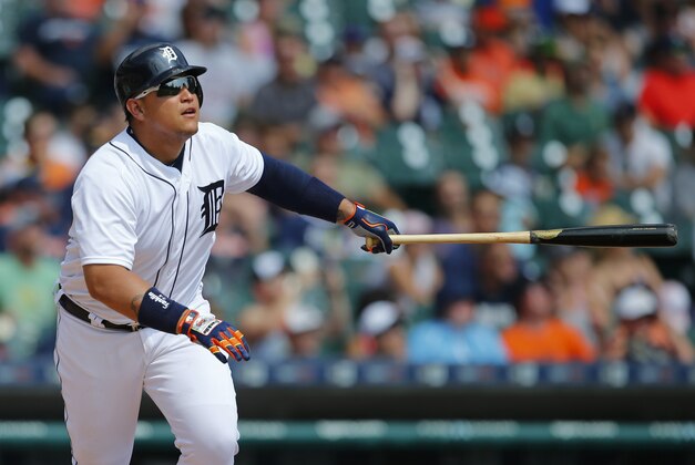Sep 7, 2015; Detroit, MI, USA; Detroit Tigers first baseman Miguel Cabrera (24) at bat against the Tampa Bay Rays at Comerica Park. Mandatory Credit: Rick Osentoski-USA TODAY Sports