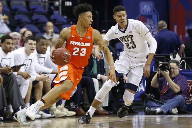 Mar 9, 2016; Washington, DC, USA; Syracuse Orange guard Malachi Richardson (23) dribbles the ball as Pittsburgh Panthers guard Cameron Johnson (23) defends in the first half during day two of the ACC conference tournament at Verizon Center. Mandatory Credit: Geoff Burke-USA TODAY Sports