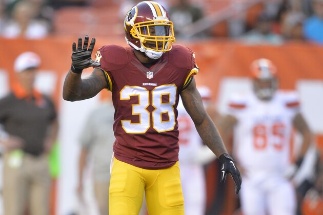 Washington Redskins defensive back Dashon Goldson stands on the field during an NFL preseason football game against the Cleveland Browns Thursday, Aug. 13, 2015, in Cleveland. Washington won 20-17. (AP Photo/David Richard)