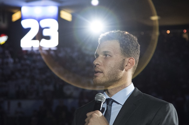 NORMAN, OK - MARCH 1: Blake Griffin speaks during a ceremony to retire his Oklahoma college number 23 before the second half of a NCAA college basketball game at the Lloyd Noble Center on March 1, 2016 in Norman, Oklahoma. (Photo by J Pat Carter/Getty Images)