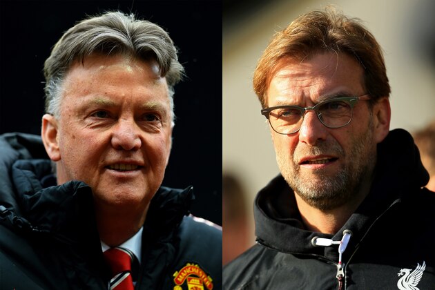 FILE PHOTO - Image Numbers 471955028 (L) and 506385652) In this composite image a comparison has been made between Jurgen Klopp manager of Liverpool (L) and Louis van Gaal Manager of Manchester United. Liverpool and  Manchester United meet in a European competition for the first time in the UEFA Europa League round of 16, the first leg is at Anfield on March 10, 2016 with the 2nd leg on March 17, 2016 at Old Trafford,Manchester, England. ***LEFT IMAGE*** MANCHESTER, ENGLAND - MAY 02: Louis van Gaal, manager of Manchester United looks on during the Barclays Premier League match between Manchester United and West Bromwich Albion at Old Trafford on May 2, 2015 in Manchester, England. (Photo by Laurence Griffiths/Getty Images) ***RIGHT IMAGE*** NORWICH, ENGLAND - JANUARY 23: Jurgen Klopp, manager of Liverpool looks on prior to the Barclays Premier League match between Norwich City and Liverpool at Carrow Road on January 23, 2016 in Norwich, England. (Photo by Stephen Pond/Getty Images)