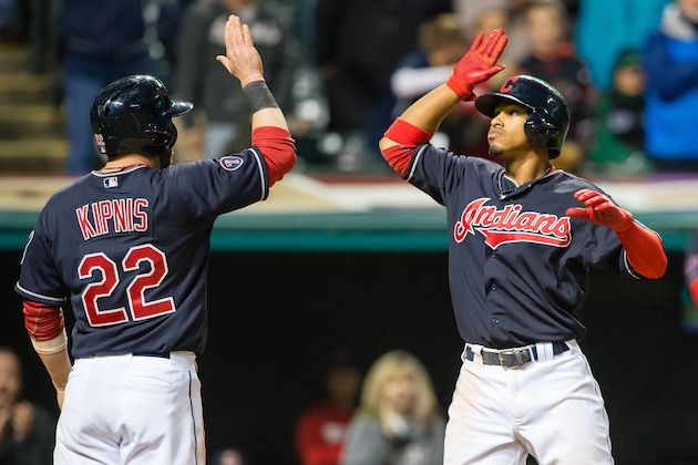 CLEVELAND, OH - SEPTEMBER 30: Jason Kipnis #22 of the Cleveland Indians celebrates with Francisco Lindor #12 after both scored on Lindor's home run in the fourth inning against the Minnesota Twins at Progressive Field on September 30, 2015 in Cleveland, Ohio during game two of a doubleheader. (Photo by Jason Miller/Getty Images)