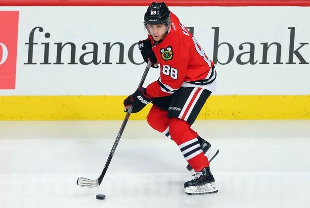 Mar 6, 2016; Chicago, IL, USA; Chicago Blackhawks right wing Patrick Kane (88) with the puck during the third period against the Detroit Red Wings at the United Center. Chicago won 4-1. Credit: Dennis Wierzbicki-USA TODAY Sports