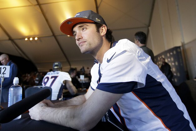 Denver Broncos quarterback Brock Osweiler speaks to reporters in Santa Clara, Calif., Wednesday, Feb. 3, 2016. The Denver Broncos will play the Carolina Panthers in Super Bowl 50 Sunday, Feb. 7, 2016. (AP Photo/Jeff Chiu)