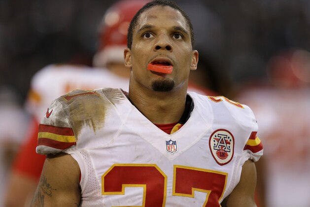 Kansas City Chiefs defensive back Tyvon Branch (27) against the Oakland Raiders during the second half of an NFL football game in Oakland, Calif., Sunday, Dec. 6, 2015. The Chiefs won 34-20. (AP Photo/Ben Margot)