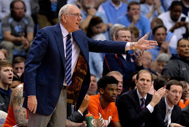 CHAPEL HILL, NC - FEBRUARY 29:  Head coach Jim Boeheim of the Syracuse Orange  reacts during their game against the North Carolina Tar Heels at the Dean Smith Center on February 29, 2016 in Chapel Hill, North Carolina.  (Photo by Grant Halverson/Getty Images)
