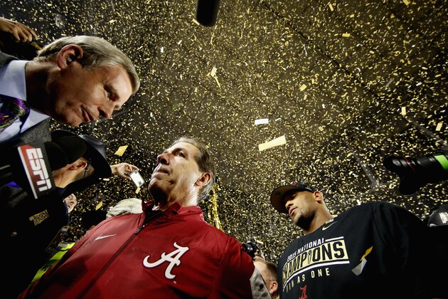GLENDALE, AZ - JANUARY 11:  Head coach Nick Saban of the Alabama Crimson Tide celebrates after defeating the Clemson Tigers in the 2016 College Football Playoff National Championship Game at University of Phoenix Stadium on January 11, 2016 in Glendale, Arizona.  The Crimson Tide defeated the Tigers with a score of 45 to 40.  (Photo by Christian Petersen/Getty Images)