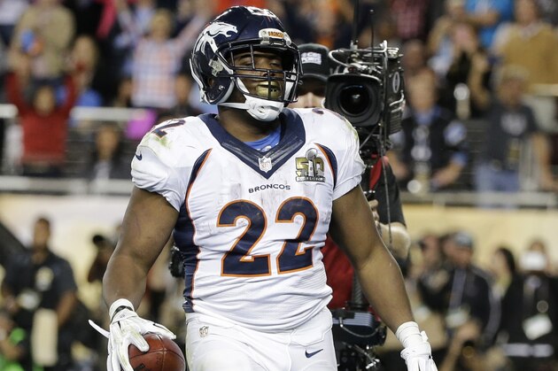 Denver Broncos’  C.J. Anderson (22) celebrates after his touchdown against the Carolina Panthers during the second half of the NFL Super Bowl 50 football game Sunday, Feb. 7, 2016, in Santa Clara, Calif. (AP Photo/Jae C. Hong)