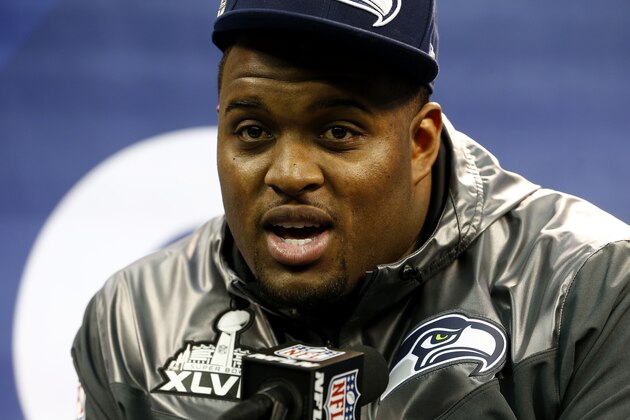 NEWARK, NJ - JANUARY 28:  Defensive tackle Brandon Mebane #92 of the Seattle Seahawks speaks to the media during Super Bowl XLVIII Media Day at the Prudential Center on January 28, 2014 in Newark, New Jersey.  Super Bowl XLVIII will be played between the Seattle Seahawks and the Denver Broncos on February 2.  (Photo by Jeff Zelevansky/Getty Images)