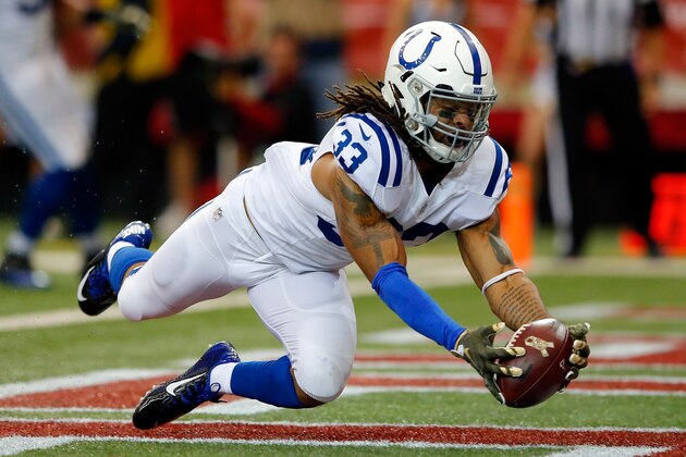 ATLANTA, GA - NOVEMBER 22:  Dwight Lowery #33 of the Indianapolis Colts makes an interception in the end zone during the first half against the Atlanta Falcons at the Georgia Dome on November 22, 2015 in Atlanta, Georgia.  (Photo by Kevin C. Cox/Getty Images)