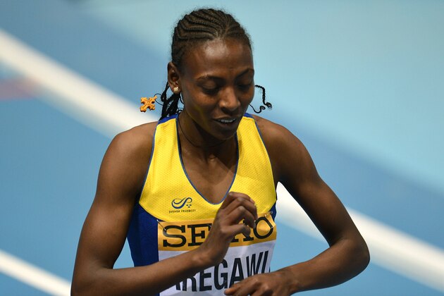 Sweden's Abeba Aregawi reacts after winning in the Women 1500 m final event at the IAAF World Indoor Athletics Championships in the Ergo Arena in the Polish coastal town of Sopot, on March 8, 2014.  AFP PHOTO / JANEK SKARZYNSKI        (Photo credit should read JANEK SKARZYNSKI/AFP/Getty Images)