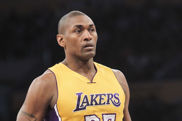 Los Angeles Lakers forward Metta World Peace (37) in actions during the second half of an NBA basketball game against Orlando Magic Tuesday, March 8, 2016, in Los Angeles.  Lakers won 107-98. (AP Photo/Ringo H.W. Chiu)