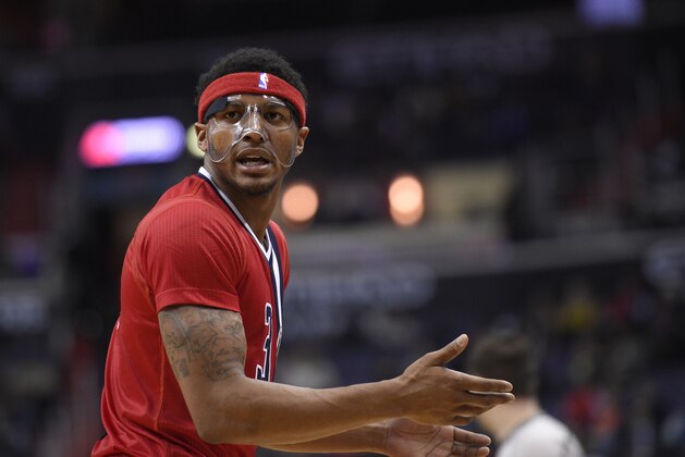 Washington Wizards guard Bradley Beal (3) looks on during the first half of an NBA basketball game against the Denver Nuggets, Thursday, Jan. 28, 2016, in Washington. (AP Photo/Nick Wass)