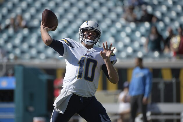 San Diego Chargers quarterback Kellen Clemens (10) throws a pass during warmups before an NFL football game against the Jacksonville Jaguars in Jacksonville, Fla., Sunday, Nov. 29, 2015. (AP Photo/Phelan M. Ebenhack)
