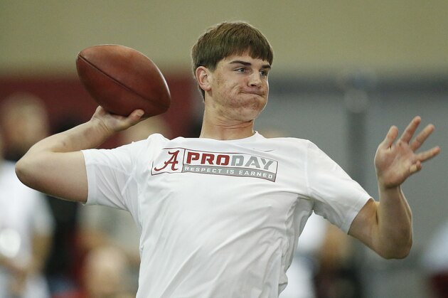 Quarterback Jake Coker throws a pass during drills during Alabama's NFL football Pro Day, Wednesday, March 9, 2016, in Tuscaloosa, Ala. The event is to showcase players for the upcoming NFL football draft. (AP Photo/Brynn Anderson) Quarterback Jake Coker throws a pass during drills during Alabama's NFL football Pro Day, Wednesday, March 9, 2016, in Tuscaloosa, Ala. The event is to showcase players for the upcoming NFL football draft. (AP Photo/Brynn Anderson)
