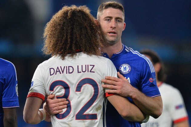 Chelsea's English defender Gary Cahill (R) embraces Paris Saint-Germain's Brazilian defender David Luiz (L) at the end of the UEFA Champions League round of 16 second leg football match between Chelsea and Paris Saint-Germain (PSG) at Stamford Bridge in London on March 9, 2016. / AFP / GLYN KIRK (Photo credit should read GLYN KIRK/AFP/Getty Images) Chelsea's English defender Gary Cahill (R) embraces Paris Saint-Germain's Brazilian defender David Luiz (L) at the end of the UEFA Champions League round of 16 second leg football match between Chelsea and Paris Saint-Germain (PSG) at Stamford Bridge in London on March 9, 2016. / AFP / GLYN KIRK (Photo credit should read GLYN KIRK/AFP/Getty Images)
