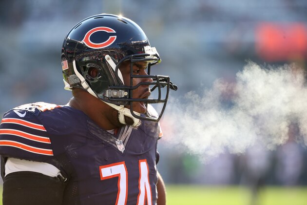 CHICAGO, IL - NOVEMBER 22:   Jermon Bushrod #74 of the Chicago Bears stands on the sidelines during warm-ups prior to the NFL game against the Denver Broncos at Soldier Field on November 22, 2015 in Chicago, Illinois.  (Photo by Jonathan Daniel/Getty Images)