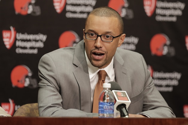 Executive Vice President of Football Operations Sashi Brown addresses the media during a news conference, Wednesday, Jan. 13, 2016, in Berea, Ohio.  (AP Photo/Tony Dejak)