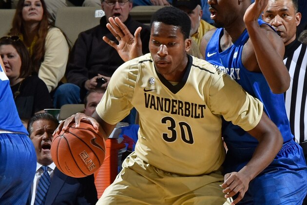 NASHVILLE, TENNESSEE - FEBRUARY 27:  Damian Jones #30 of the Vanderbilt Commodores plays against the Kentucky Wildcats at Memorial Gym on February 27, 2016 in Nashville, Tennessee. Vanderbilt defeated Kentucky 74-62.  (Photo by Frederick Breedon/Getty Images)