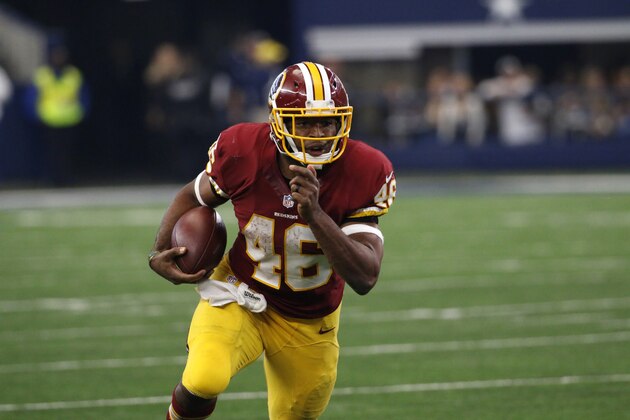 Washington Redskins running back Alfred Morris (46) runs the ball against the Dallas Cowboys during an NFL football game, Sunday, Jan. 3, 2016, in Arlington, Texas. (AP Photo/Roger Steinman)
