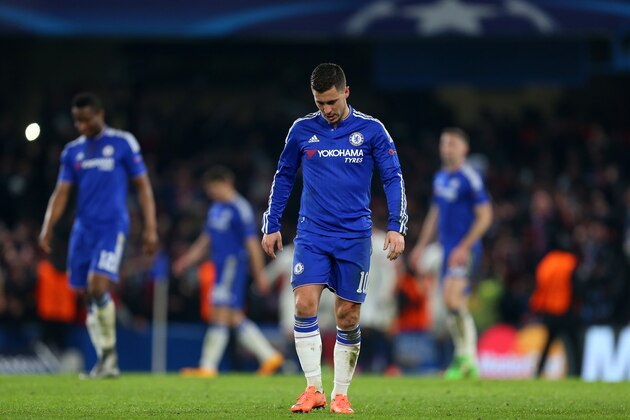 LONDON, ENGLAND - MARCH 09:  A dejected looking Eden Hazard of Chelsea during the UEFA Champions League match between Chelsea and Paris Saint-Germain at Stamford Bridge on March 9, 2016 in London, United Kingdom.  (Photo by Catherine Ivill - AMA/Getty Images)