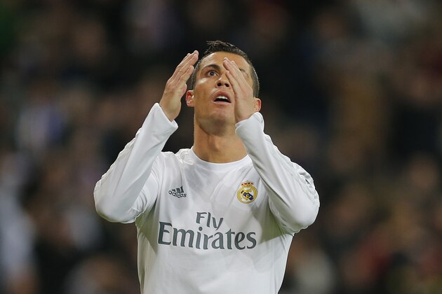 Real Madrid's Cristiano Ronaldo reacts during the Champions League Round of 16, second leg soccer match between Real Madrid and Roma at the Santiago Bernabeu stadium in Madrid, Tuesday March 8, 2016. (AP Photo/Paul White)