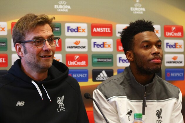 LIVERPOOL, ENGLAND - FEBRUARY 24:  Jurgen Klopp manager of Liverpool and Daniel Sturridge look on during a Liverpool press conference ahead of their UEFA Europa League round of 32 second leg match against FC Augsburg at Melwood Training Ground on February 24, 2016 in Liverpool, United Kingdom.  (Photo by Clive Brunskill/Getty Images)