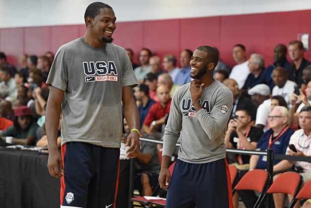 LAS VEGAS, NV - AUGUST 12:  Kevin Durant #29 (L) and Chris Paul #23 of the 2015 USA Basketball Men's National Team laugh during a practice session at the Mendenhall Center on August 12, 2015 in Las Vegas, Nevada.  (Photo by Ethan Miller/Getty Images)