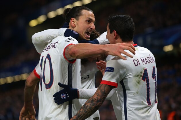 LONDON, ENGLAND - MARCH 09:  Zlatan Ibrahimovic of Paris Saint Germain celebrates after he scores during the UEFA Champions League Round of 16 Second Leg match between Chelsea and Paris Saint-Germain at Stamford Bridge on March 09, 2016 in London, England. (Photo by Ian MacNicol/Getty Images)
